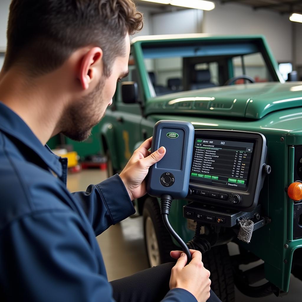 Mechanic using a dealer scanner to diagnose a Land Rover Defender