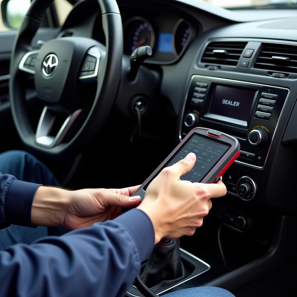 Mechanic Using Dealer Scanner on a Foreign Car