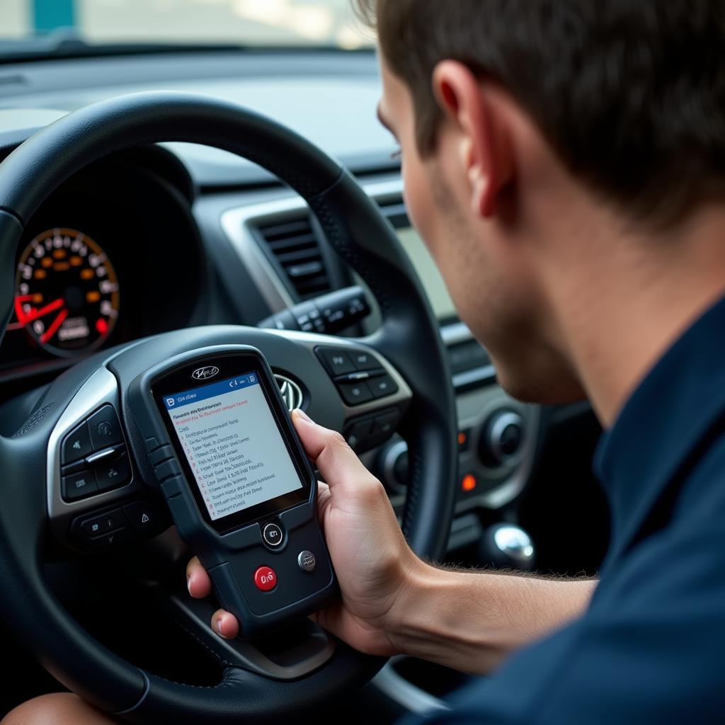 Mechanic Using a Dealer Scanner on a Hyundai Accent 2016