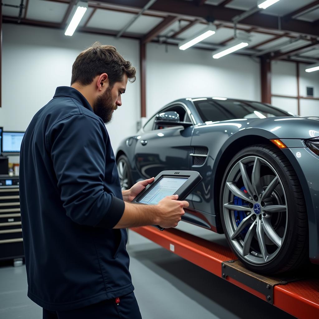 Mechanic Using Dealer Scanner on Luxury Car in High-End Garage