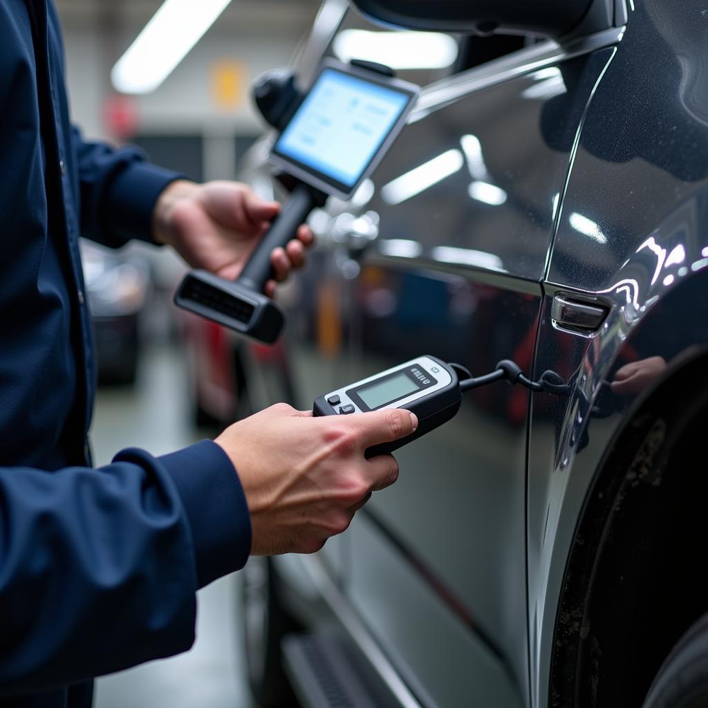 Mechanic Uses Dealer Scanner on Modern Car for Diagnostics