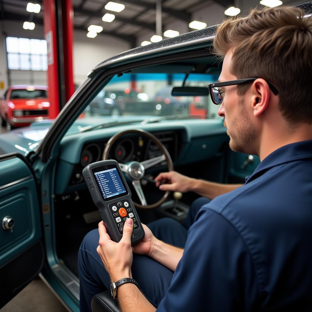 Mechanic Using a Dealer Scanner on a Muscle Car