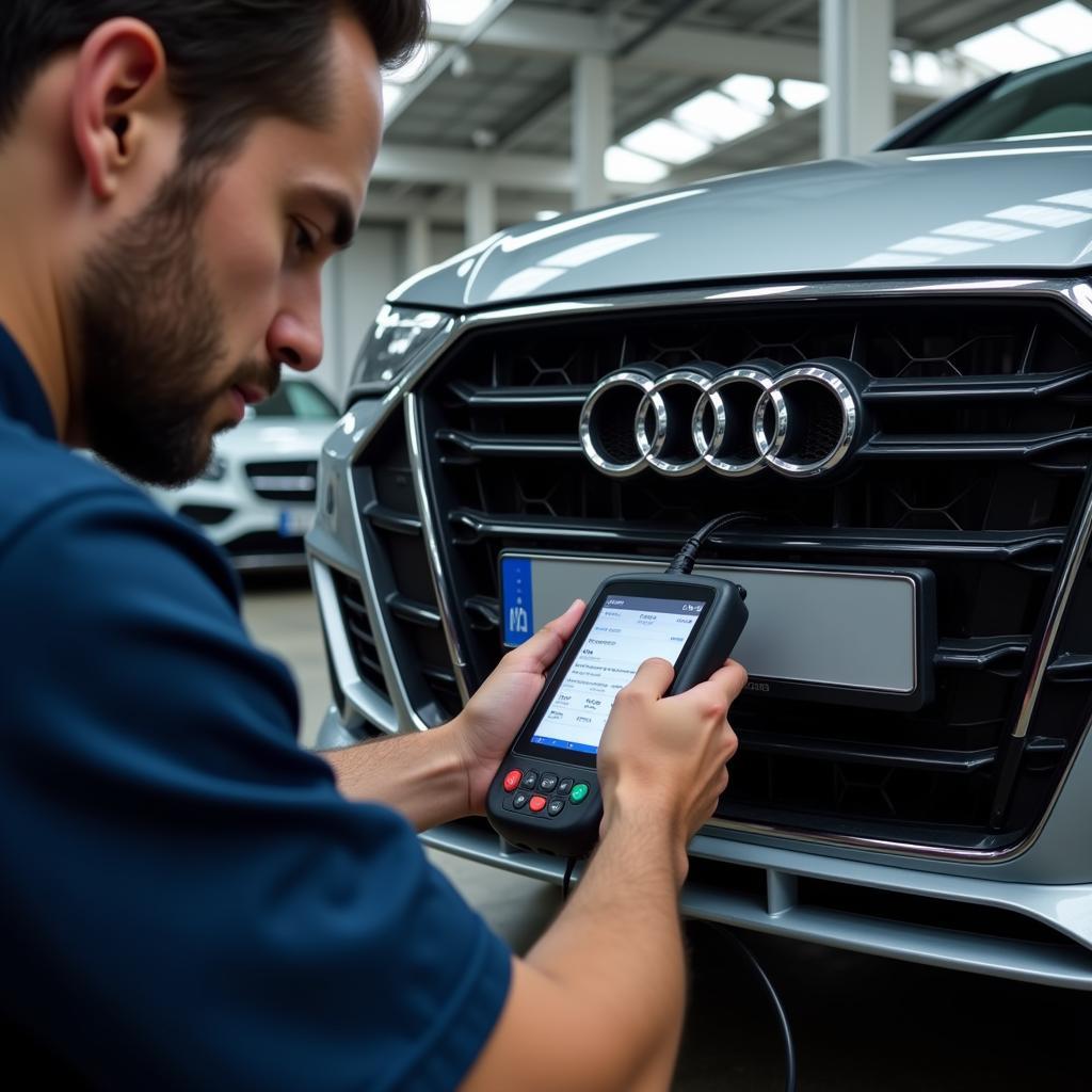 Mechanic using a dealer scanner to diagnose an RS6