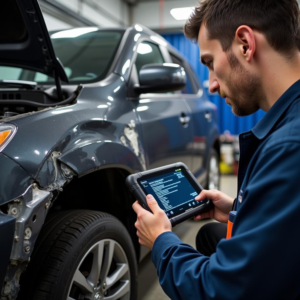 Mechanic using a dealer scanner on a damaged car after an accident