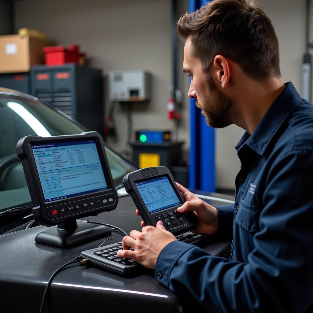 Mechanic utilizing a dealer scanner provided by Golden Care Assistance LLC to diagnose a vehicle issue