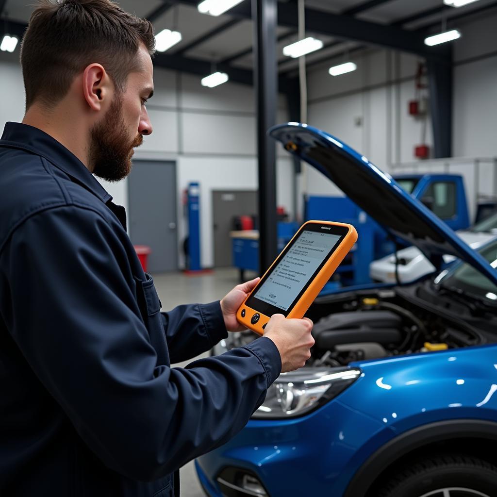 Mechanic Using Dealer Scanner in a Workshop