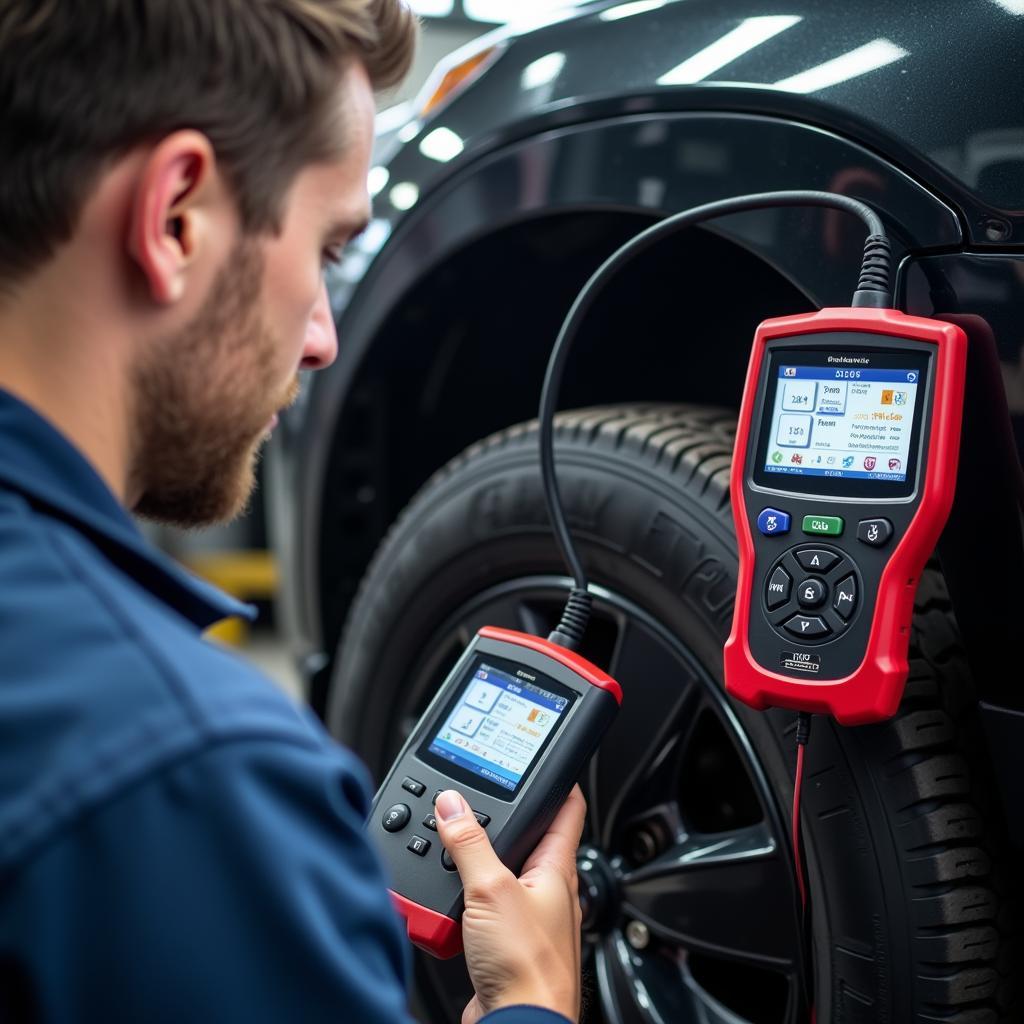 Mechanic Using a Diagnostic Scanner on a Car