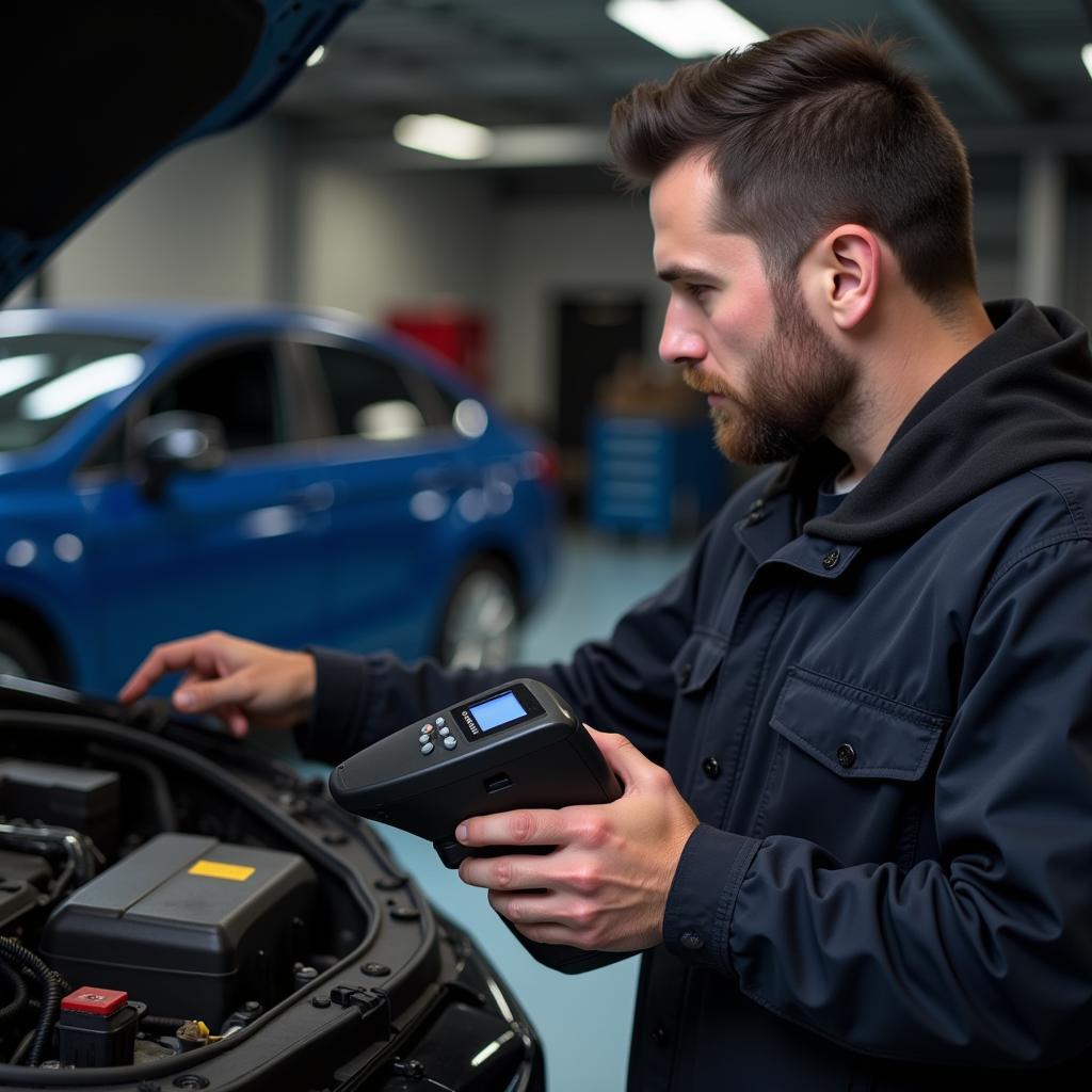 Mechanic Using Diagnostic Scanner in Workshop