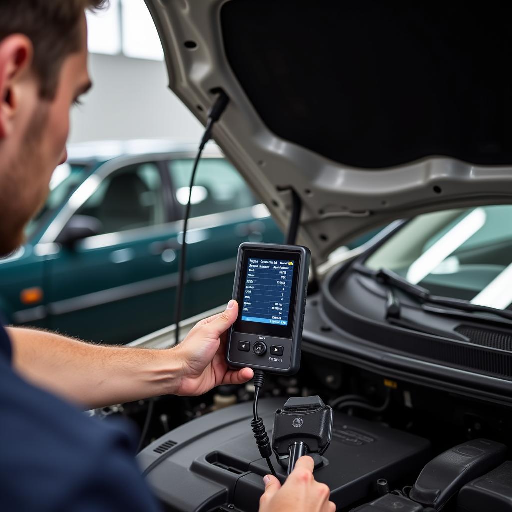 Mechanic Using Digital Scan Tool on Car Engine