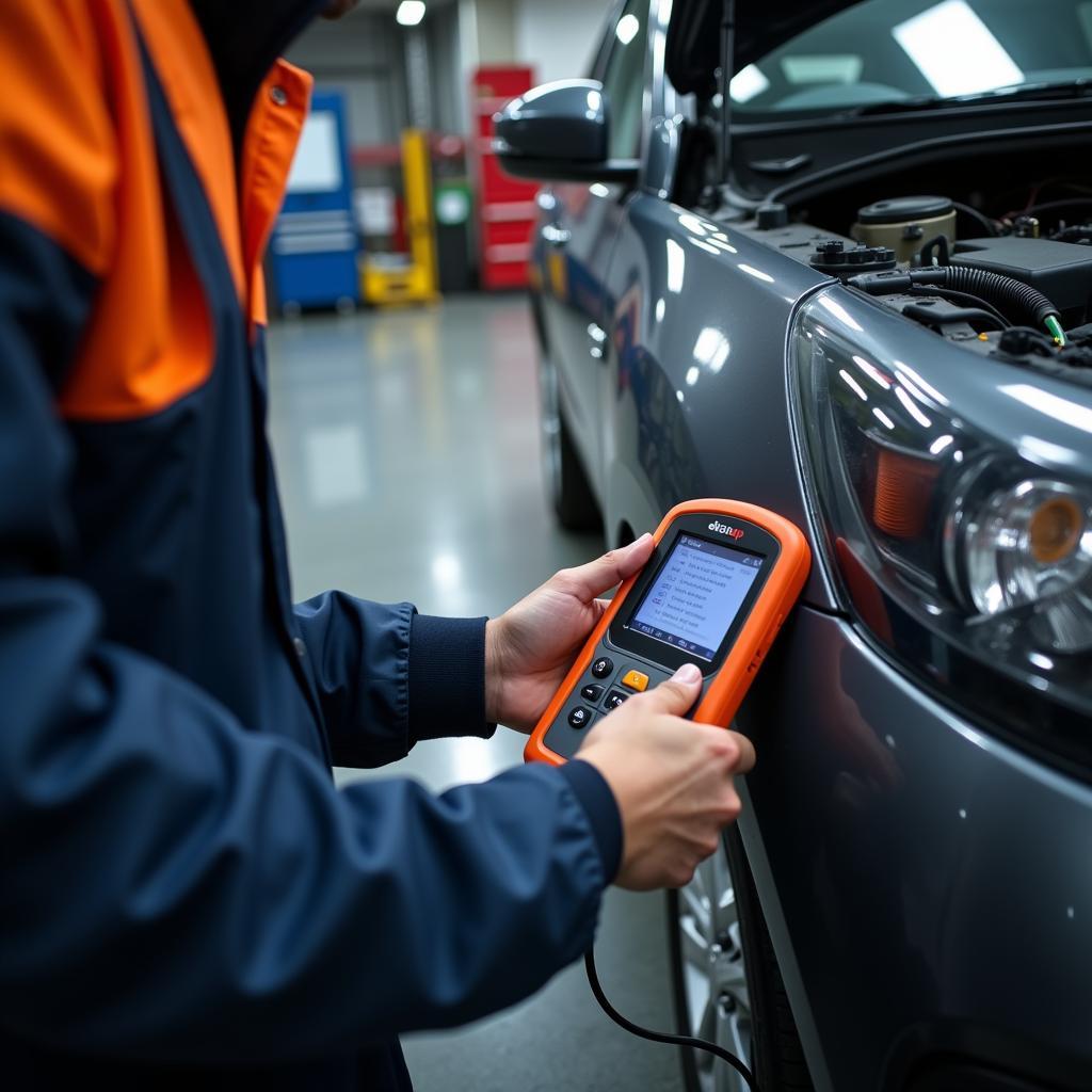 A mechanic using an efichip scan tool to diagnose a car in a professional workshop setting.