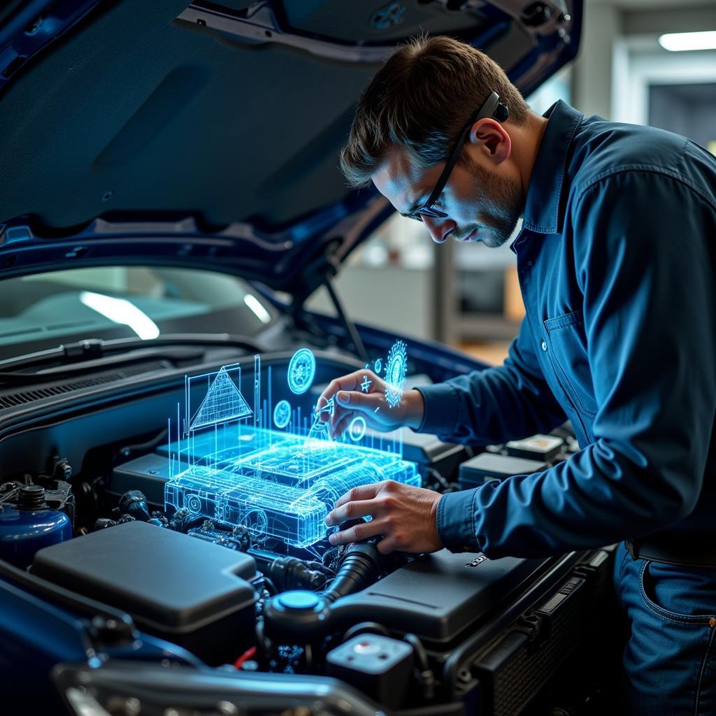 Mechanic using a futuristic diagnostic tool