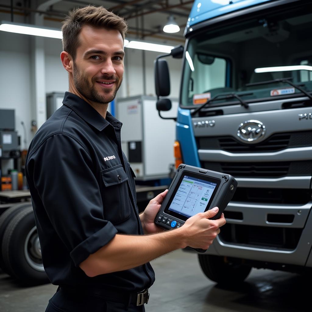 Mechanic Using Hino Scan Tool in Workshop