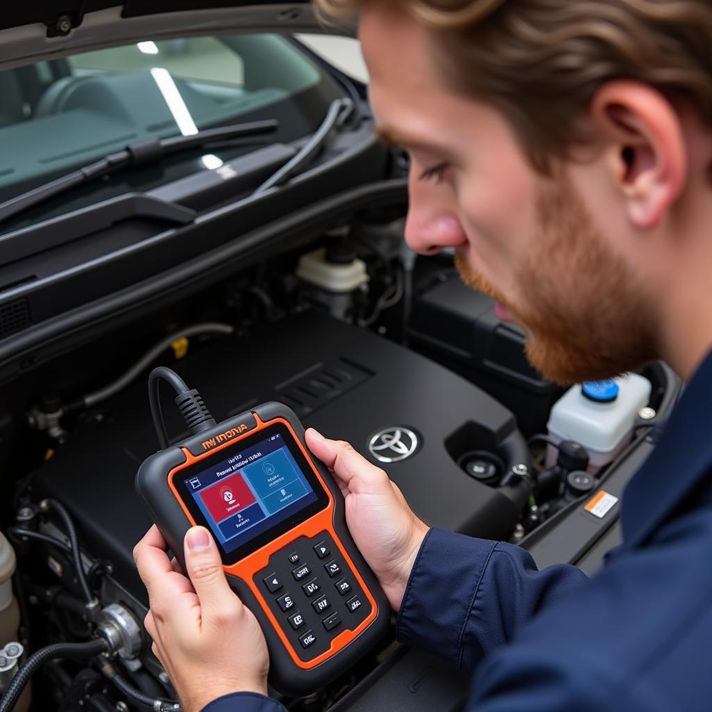 Mechanic Using Innova CanOBD2 Scan Tool on a Toyota Engine