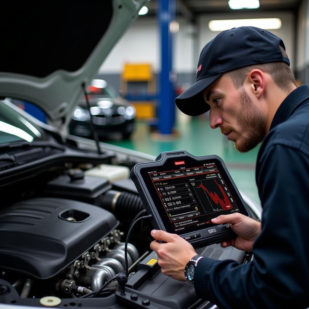 Mechanic Using an iOS Scan Tool to Diagnose a Car Problem