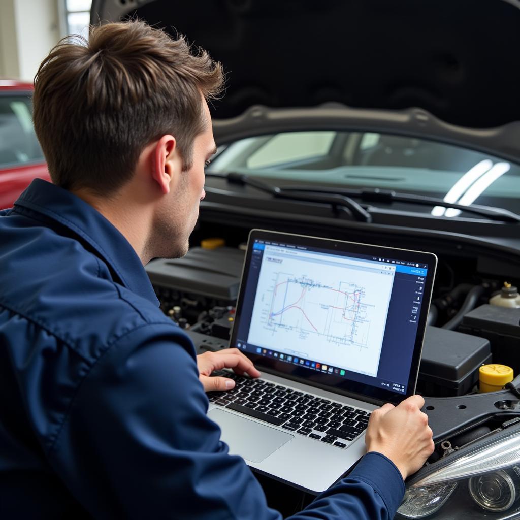 Mechanic Using Laptop for Diagnostics