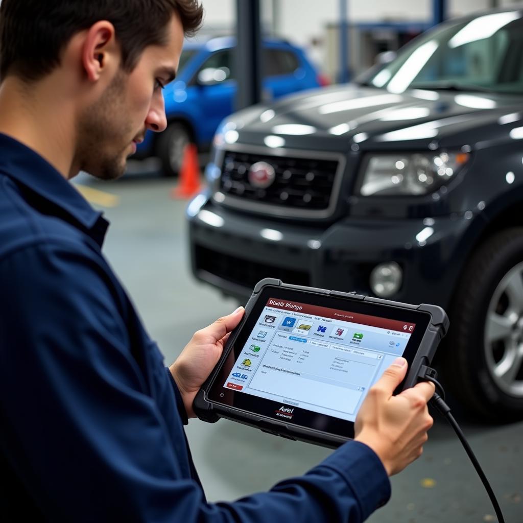 Mechanic Using Maxisys Elite for ECU Coding