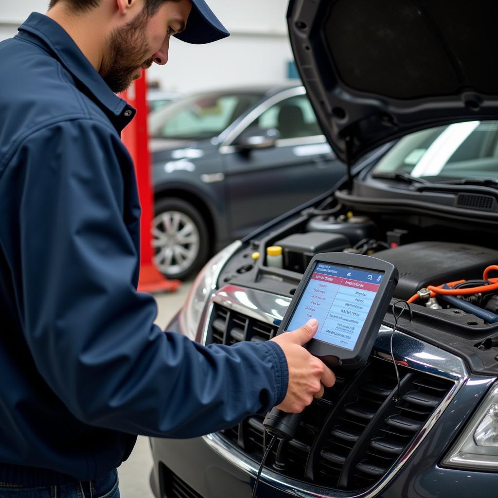 Mechanic using a diagnostic scan tool to troubleshoot a car problem.