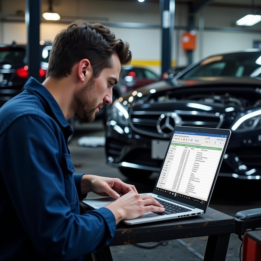 Mechanic Using Mercedes-Benz EPC