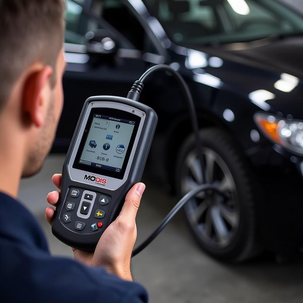 Mechanic Diagnosing Car with Modis Scan Tool