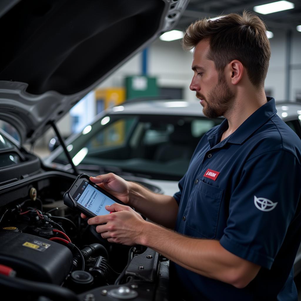 Mechanic using MUT III Scan Tool Kit in Workshop