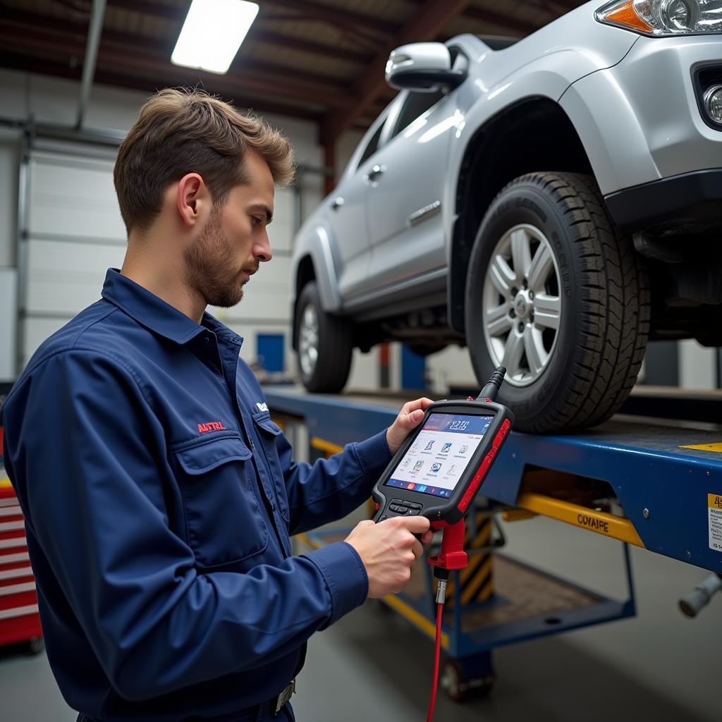 Mechanic using the MY905 Autel scanner in a professional garage setting.