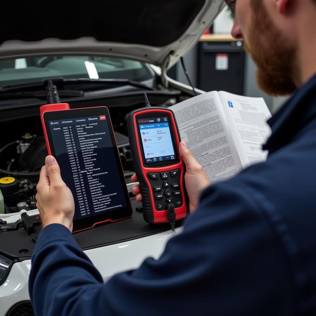 Mechanic Using OBD2 Scan Tool to Diagnose ABS Trouble Codes