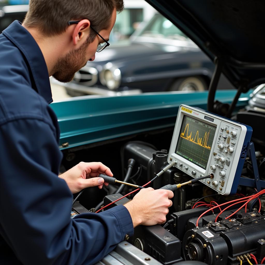 Mechanic Using Oscilloscope on Classic Car