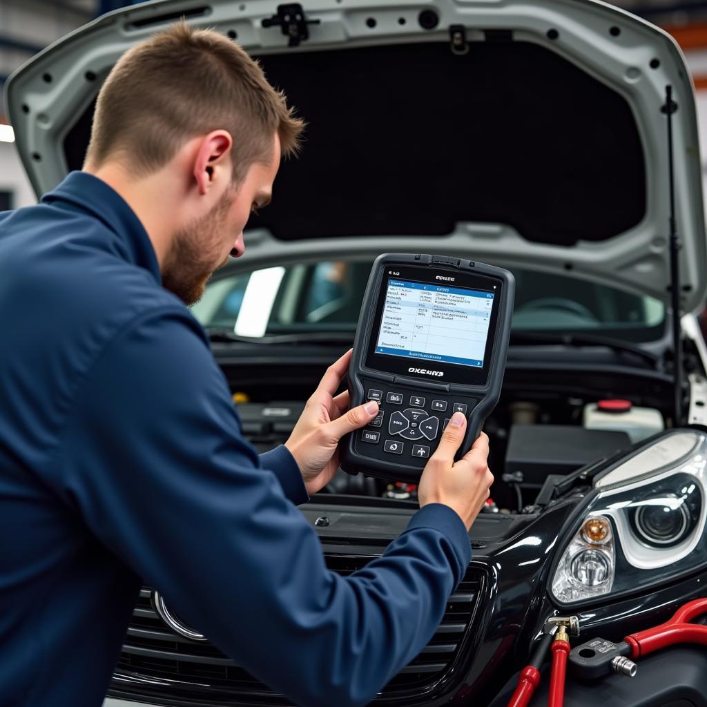 Mechanic using Oxgord MS300 to diagnose car problem