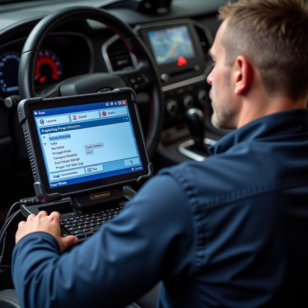 Mechanic using a professional diagnostic scanner to reprogram an ECU