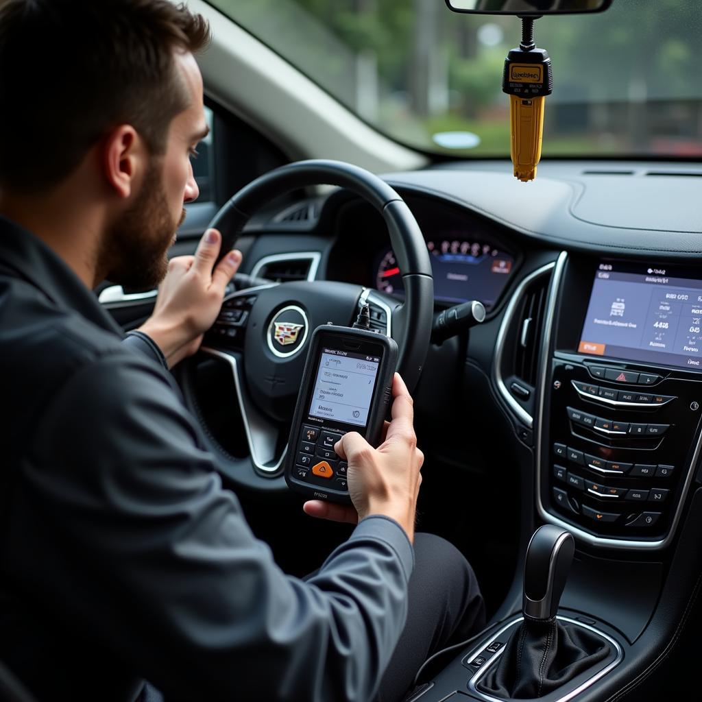 Mechanic Using Professional Scan Tool on Cadillac SRX