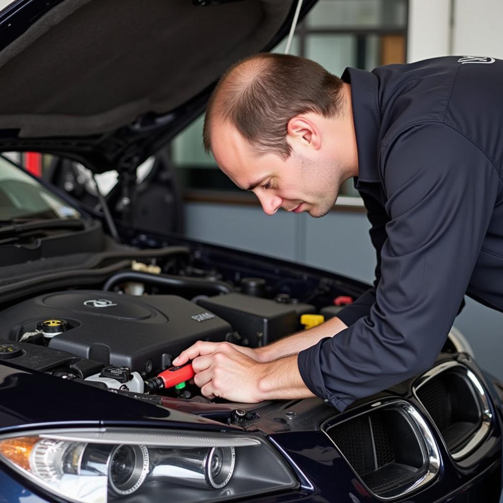 A mechanic using the Autel PS100 to diagnose a car's electrical system in a professional garage setting.