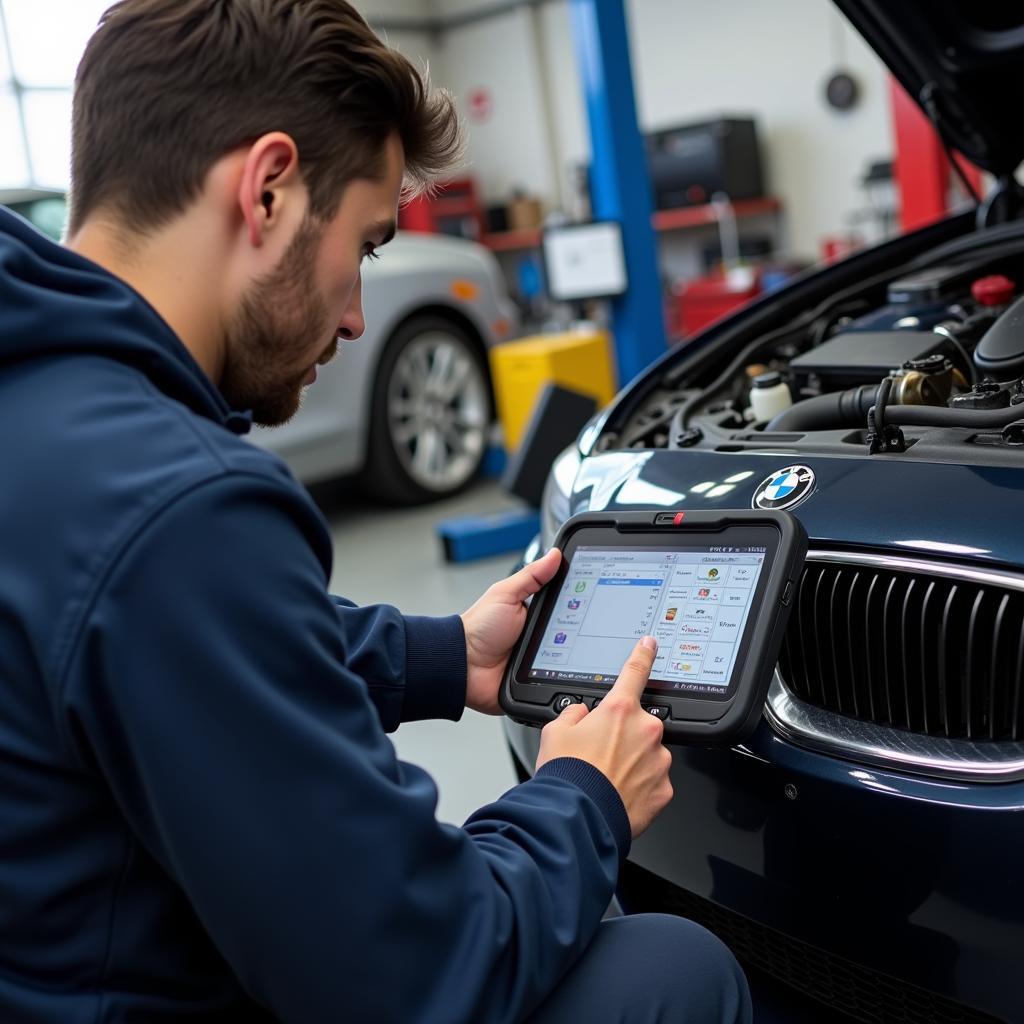 Mechanic Using a Scan Tool on a BMW 335i in a Garage