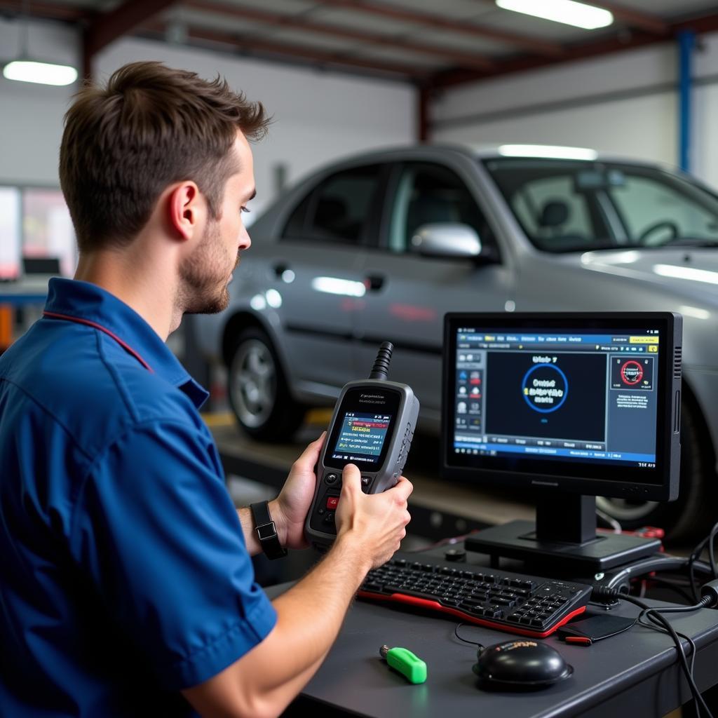 Mechanic Using Scan Tool on Car in Trumbull CT