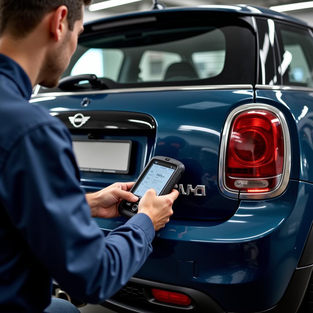 Mechanic Using Scan Tool on MINI Cooper