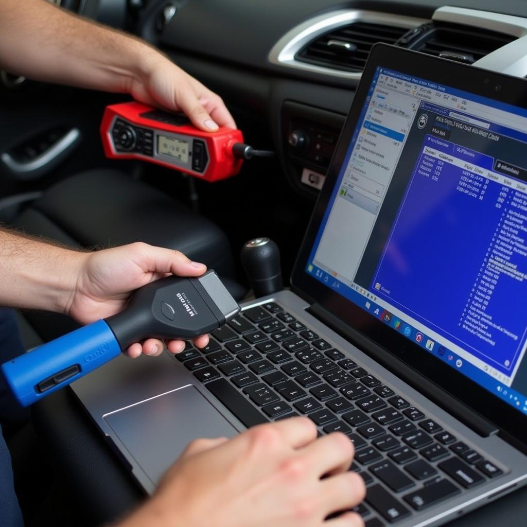 Mechanic Using Scan Tool Software on a Laptop