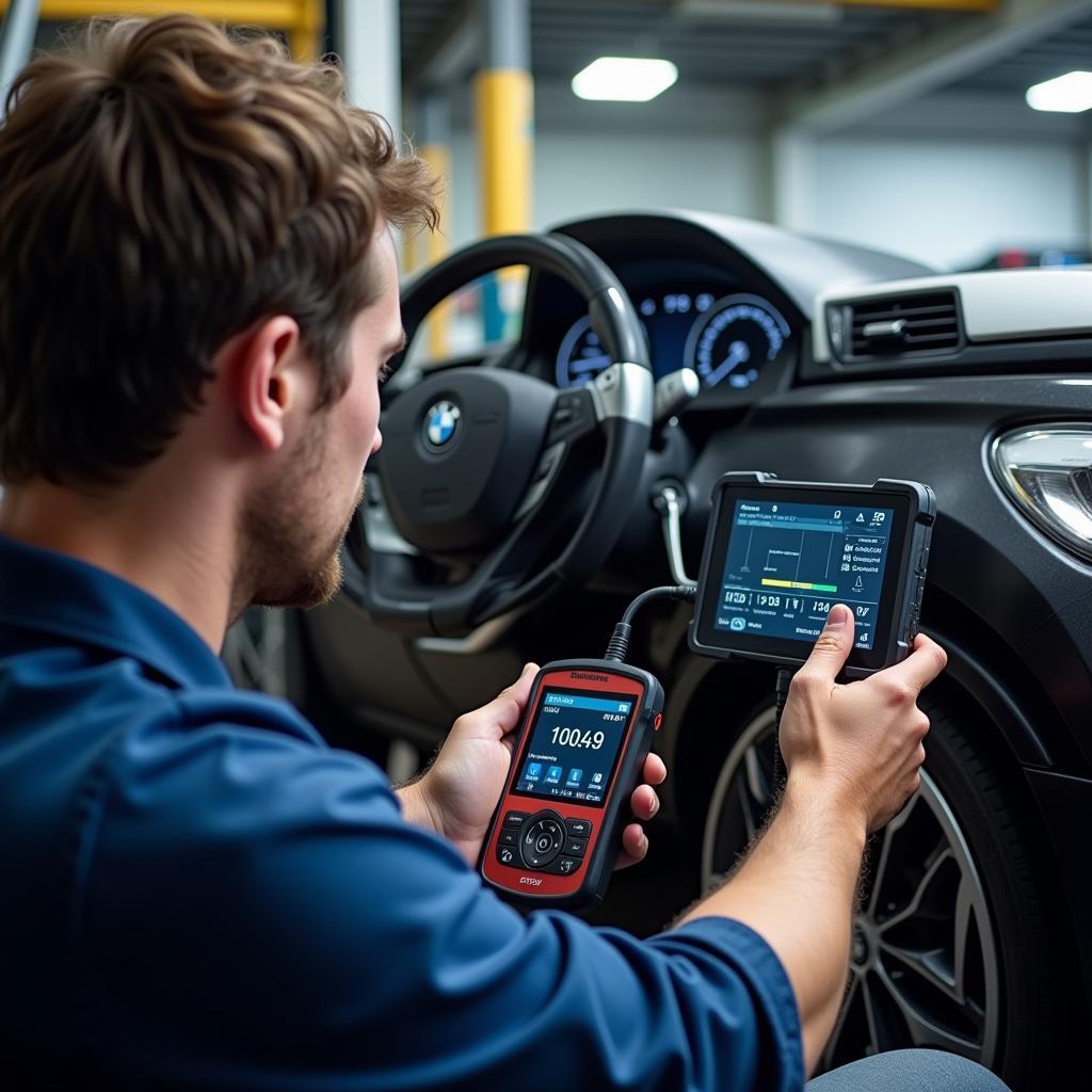 Mechanic Using a Schwaben Scan Tool on a BMW