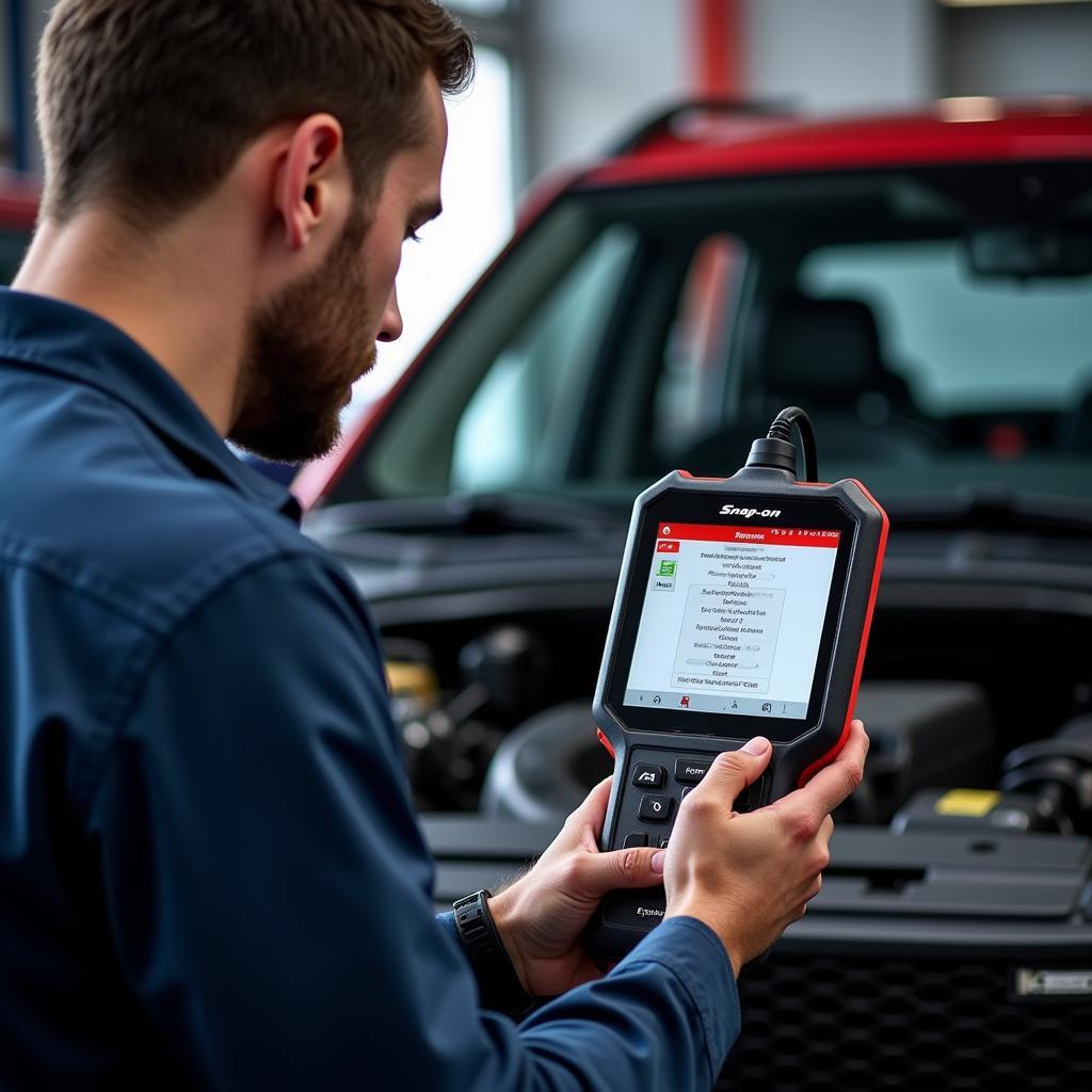 Mechanic Using a Snap-on Scanner in a Workshop