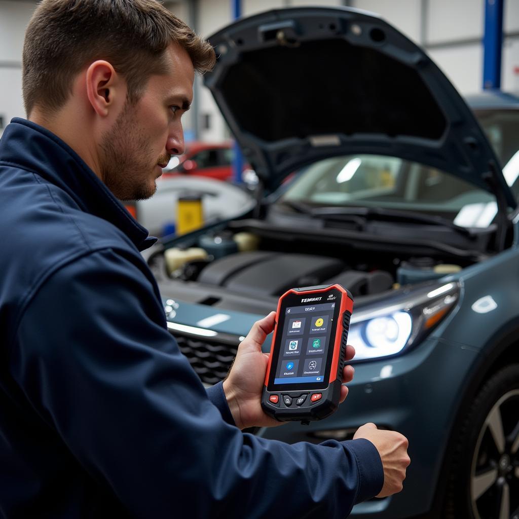 Mechanic Using Techmate Pro Scan Tool