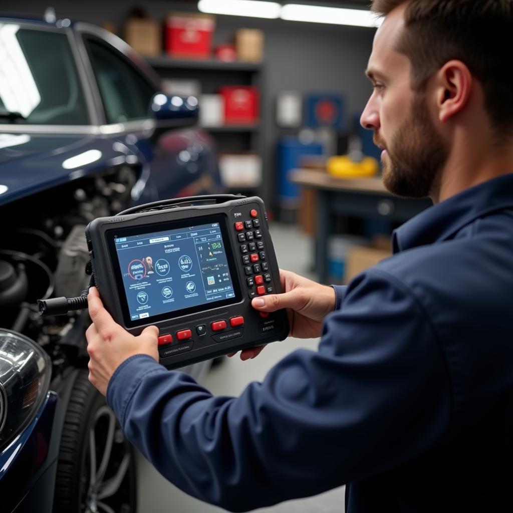 Mechanic using ultrascan scan tool in a garage