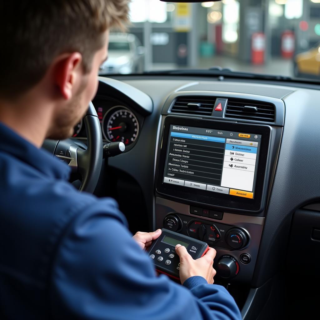 Mechanic Using Updated Scan Tool on a Car