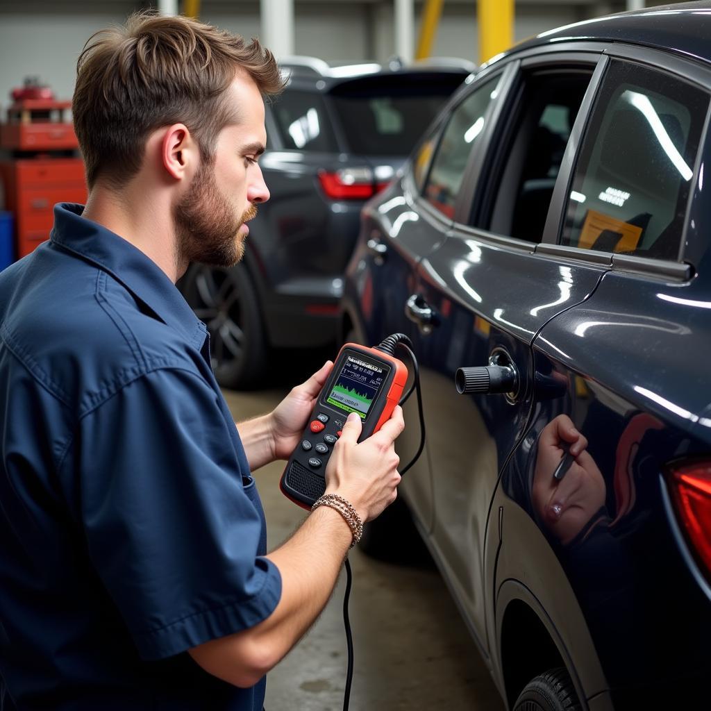 Mechanic Using a Used OBD2 Scan Tool in a Garage