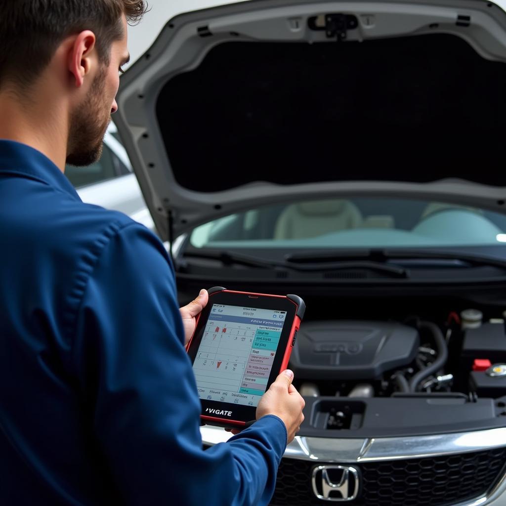 Mechanic using Vgate scan tool on a car