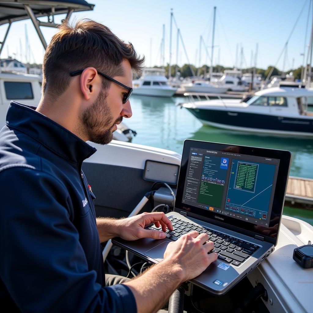 Mechanic Using Volvo Penta Scan Tool on Boat