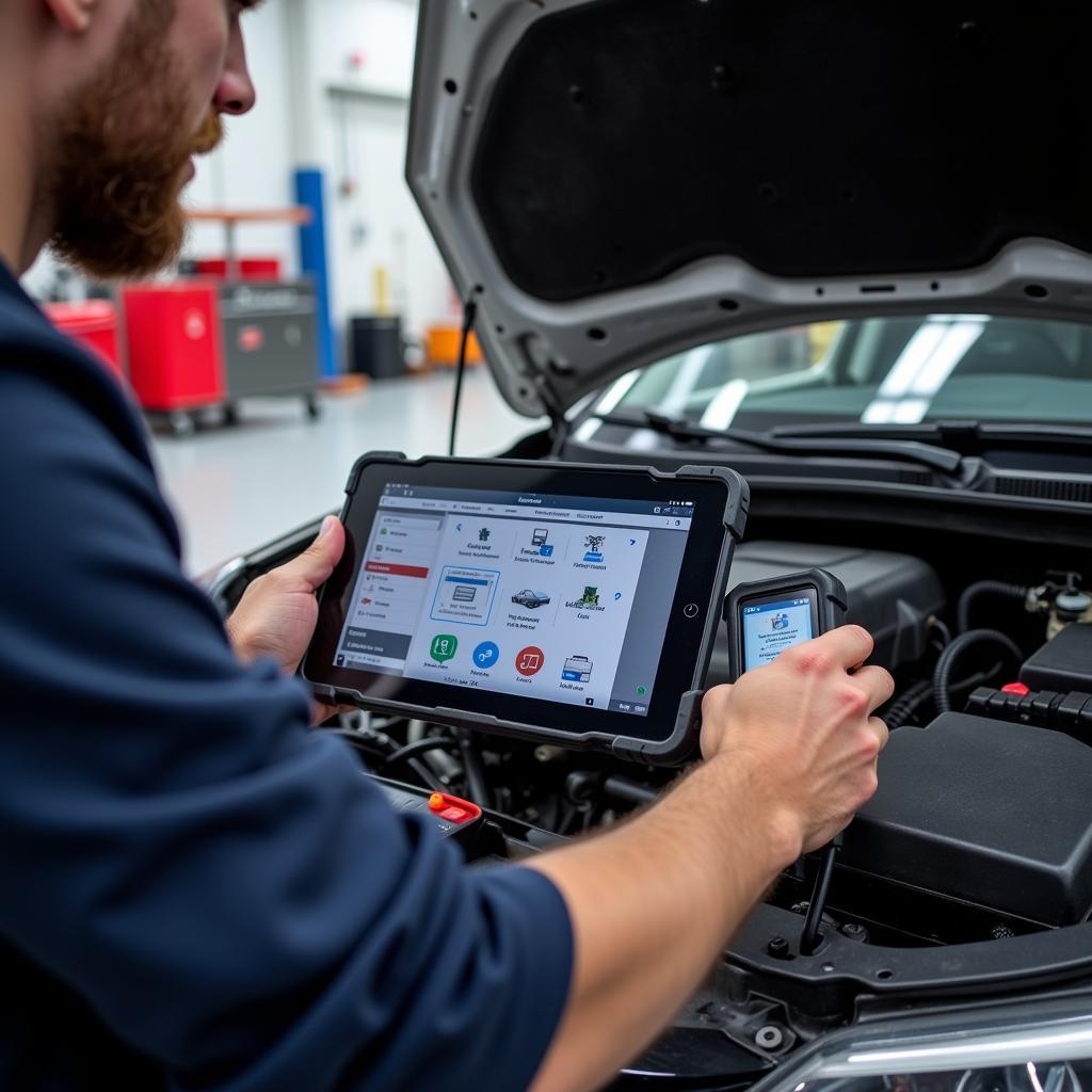 Mechanic Using Wireless Dealer Scanner on a Modern Car