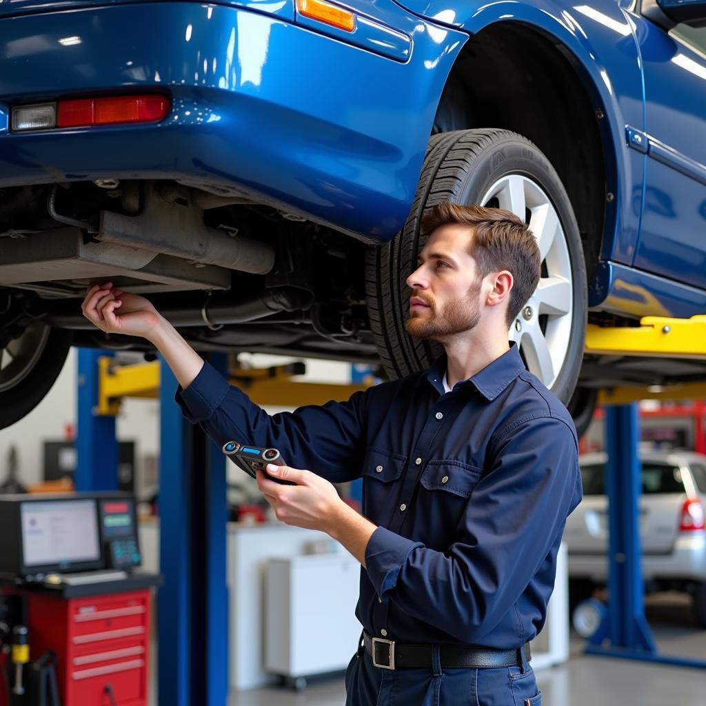 Mechanic Working Under a Car on a Two-Post Lift