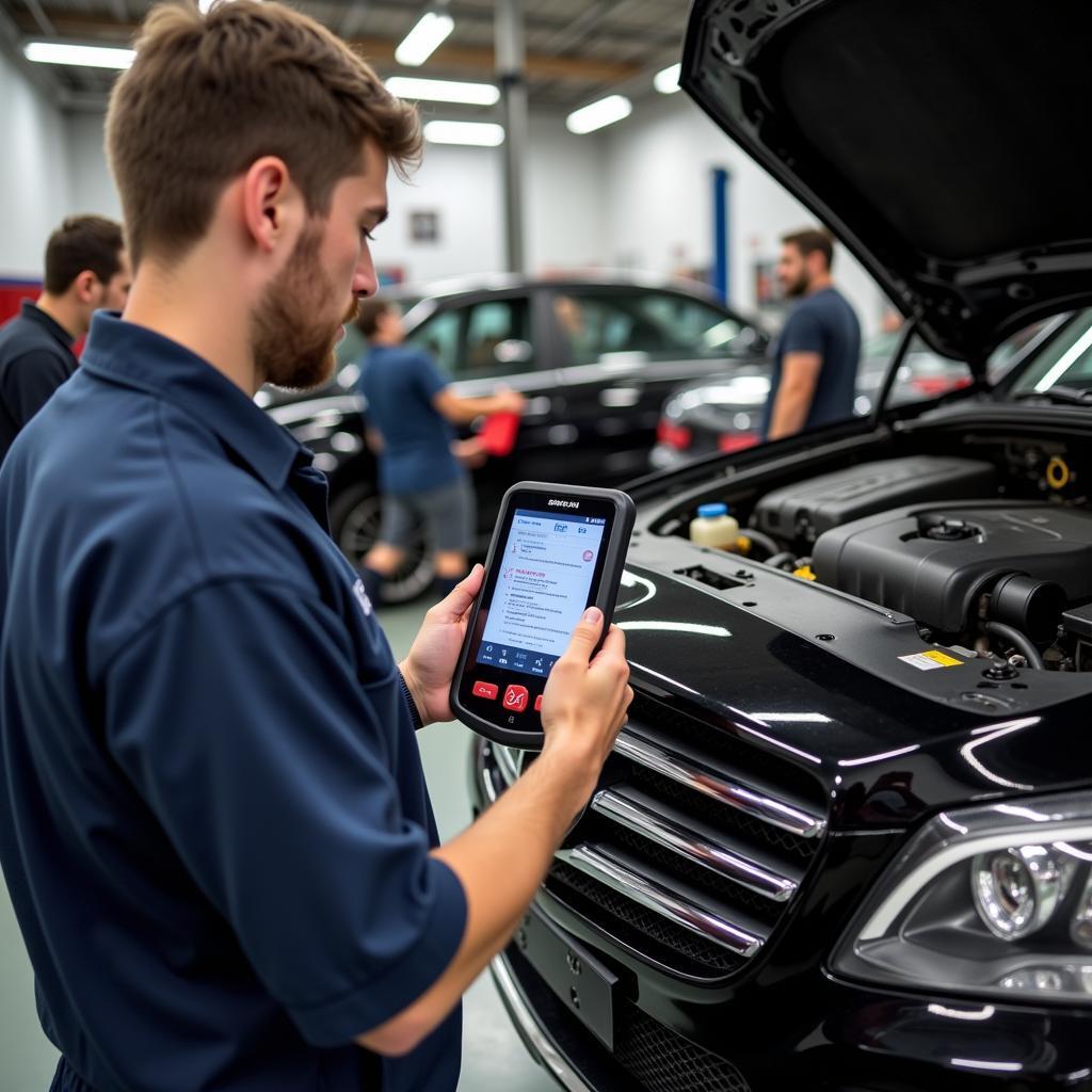 Mechanic Working with a Snap-on Scanner in a Busy Auto Repair Shop