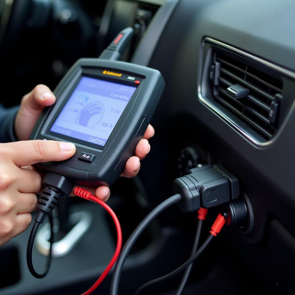 Technician connecting a mechanized scan tool to a car's OBD port