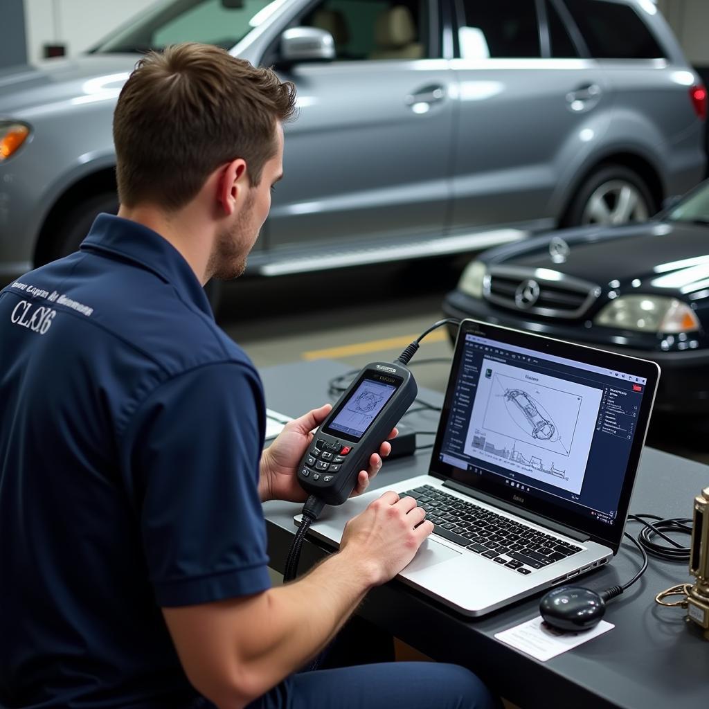 Mercedes-Benz Mechanic Using Diagnostic Tools