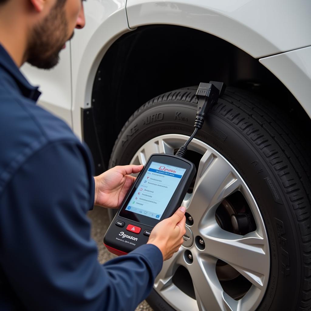 Mechanic Using a Mid-Range Auto Scan Tool