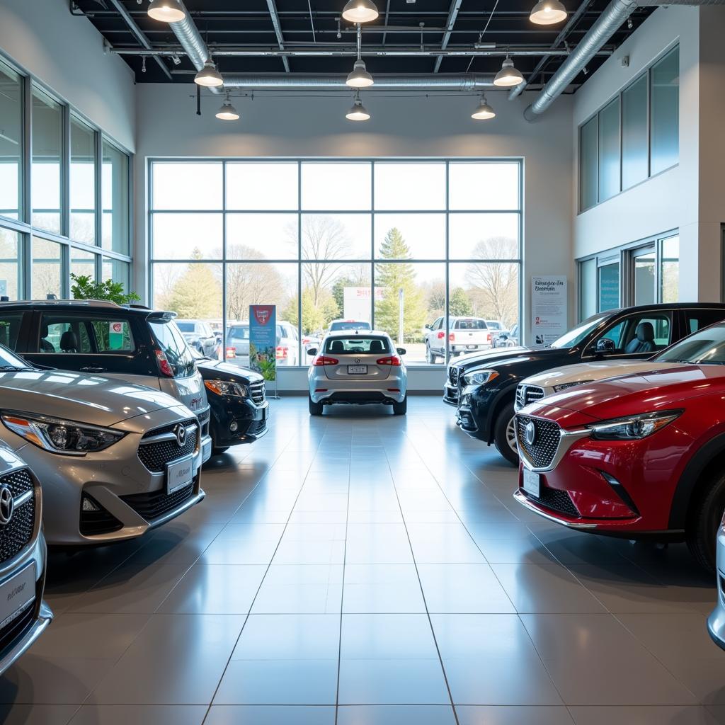 A modern car dealership showroom with a variety of new cars on display.